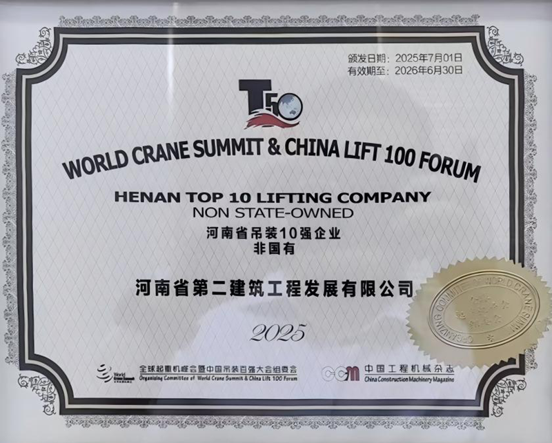 热烈祝贺我公司荣膺“河南省吊装10强企业（非国有）”称号